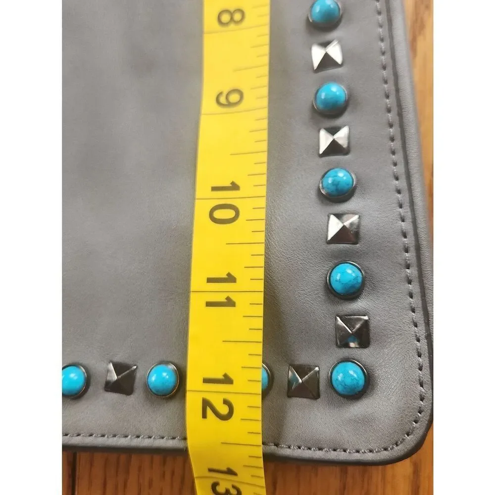 Gray Southwestern Tote Bag w turquois & Silver studs & Embroidered Floral Straps